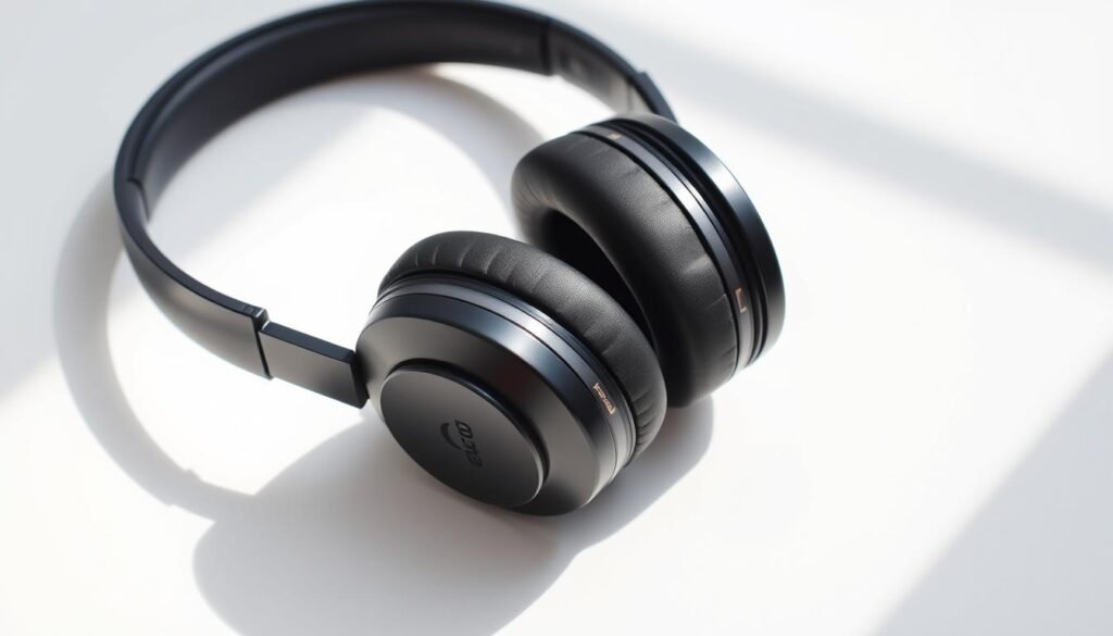 A pair of sleek, black Bluetooth headphones rests on a clean, white surface, their smooth curves and contoured design reflecting the modern aesthetic. The headphones' earcups appear to be made of a soft, plush material, promising a comfortable listening experience. Intricate details, such as the metal accents and subtle branding, add to the premium look and feel. The image is captured in soft, natural lighting, highlighting the headphones' glossy finish and creating gentle shadows that add depth and dimension. The background is purposefully minimalist, allowing the focus to remain on the key subject - the Bluetooth headphones and their seamless connectivity.