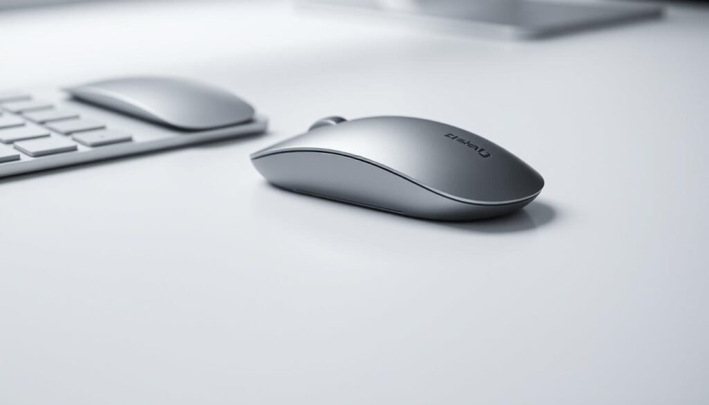 A sleek, silver wireless mouse rests on a minimalist, white desk, its precise movements captured in a crisp, high-resolution photograph. The mouse glides effortlessly across the desk's surface, its responsive scrolling and clicking demonstrated in real-time. Soft, diffused lighting illuminates the scene, creating a sense of depth and highlighting the mouse's smooth, matte finish. The camera's lens is positioned at a slightly elevated angle, capturing the mouse's performance from an optimal perspective. The overall atmosphere is one of efficiency, productivity, and the seamless integration of technology into the modern workspace.