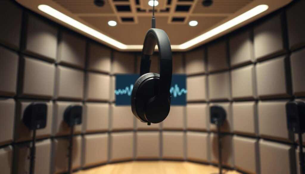 A soundproof studio with a pair of high-end noise-cancelling headphones suspended in the foreground, their clean lines and sleek design accentuated by directional studio lighting. In the middle ground, a digital waveform display shows the active noise reduction in real-time, visualizing the headphones' performance. The background features an array of acoustic panels, creating a minimalist and professional atmosphere, hinting at the technical expertise behind the product. The overall scene conveys a sense of precision, technological sophistication, and the headphones' ability to deliver an immersive, distraction-free listening experience.