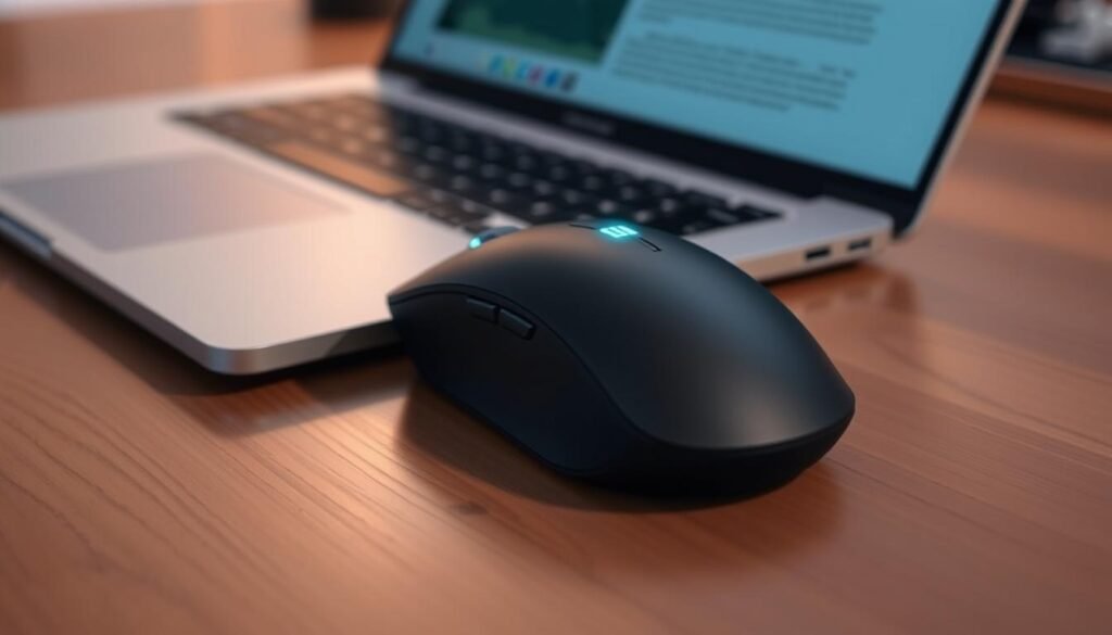 A wireless mouse resting on a wooden desk, its battery indicator glowing softly. The mouse is well-lit, casting subtle shadows that convey its sleek, modern design. In the background, a laptop is open, its screen displaying a document or web page, suggesting the seamless integration of the mouse with the laptop's performance. The scene exudes a sense of efficiency and productivity, capturing the essence of the Logitech M185 wireless mouse's reliable battery life and power-saving capabilities.